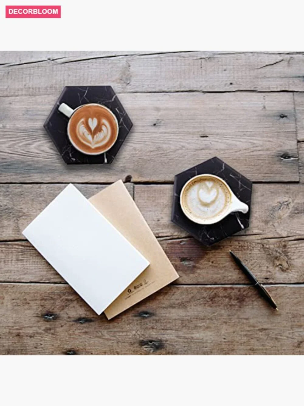 Hexagon Marble Coasters for Drinks with Gold Holder Set of 6 Absorbent Cork Base